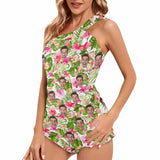 DstoryGifts 288613826712 Custom Face Swimsuit Flower LeafTankini With Face Personalized Face Women's One Shoulder Two Piece Bathing Suit