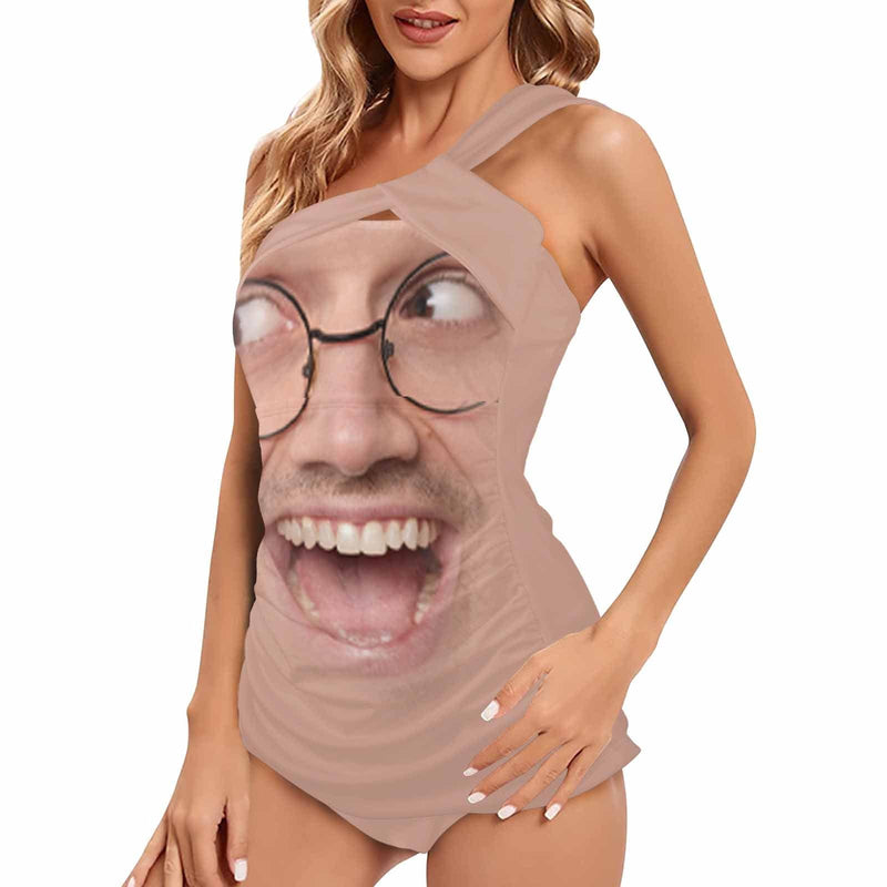 DstoryGifts 288613826712 Custom Face Swimsuit Tankini With Face Personalized Face Women's One Shoulder Two Piece Bathing Suit