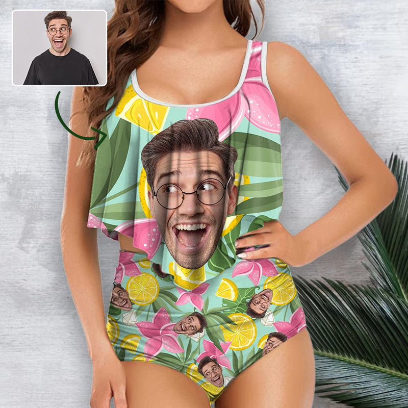 DstoryGifts Swimsuit-ZD Custom Face Tankinis Personalized Face Women's High Waisted Face On Swimsuit Ruffled Bathing Suits