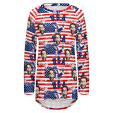 Custom Face USA Flag Women's T-Shirt Personalized BL Long Round Neck Long Sleeve T-Shirt