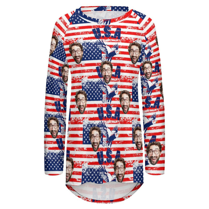 Custom Face USA Flag Women's T-Shirt Personalized BL Long Round Neck Long Sleeve T-Shirt