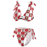 Custom Face In Red And White Grids Women's Back Strap Bikini Personalized Grid Face Swimsuit