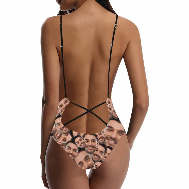 Custom Boyfriend Swimsuit Face All You Personalized Women's Lacing Backless One-Piece Bathing Suit Funny Gift Idea
