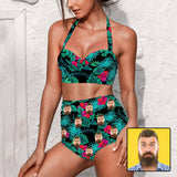 Custom Face Flowers Green Strap Two-piece Bikini Swimsuit