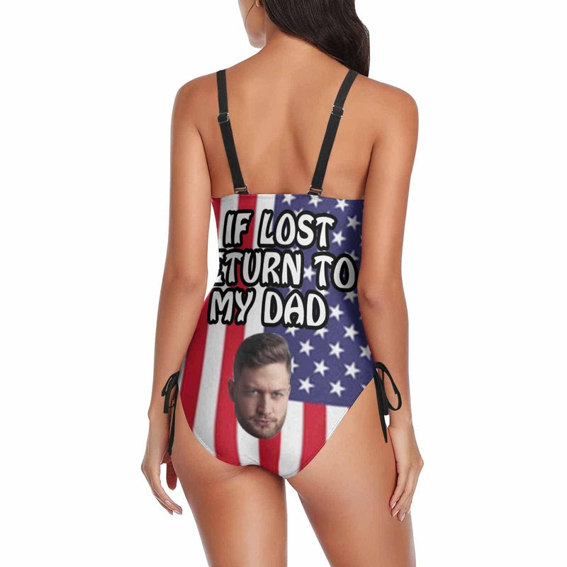 Custom Face&Text US Flag Swimsuits Personalized Women's New Drawstring Side One Piece Bathing Suit Celebrate Holiday Party