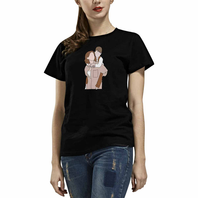 Custom Portrait Outline Shirt, Line Art Photo Shirt For Female, Custom Women's All Over Print T-shirt, Photo Outline Outfit For Mother Black