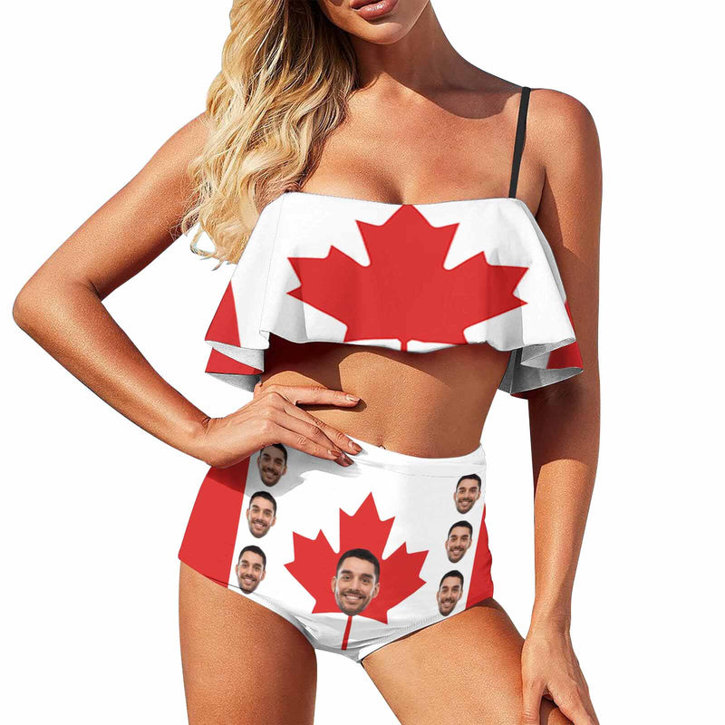 Custom Face Bikini Personalized Canadian Flag Swimsuit Ruffle Bathing Suits