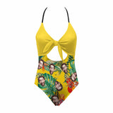 Custom Face Yellow Swimsuit Personalized Women's Backless Bow One Piece Bathing Suit