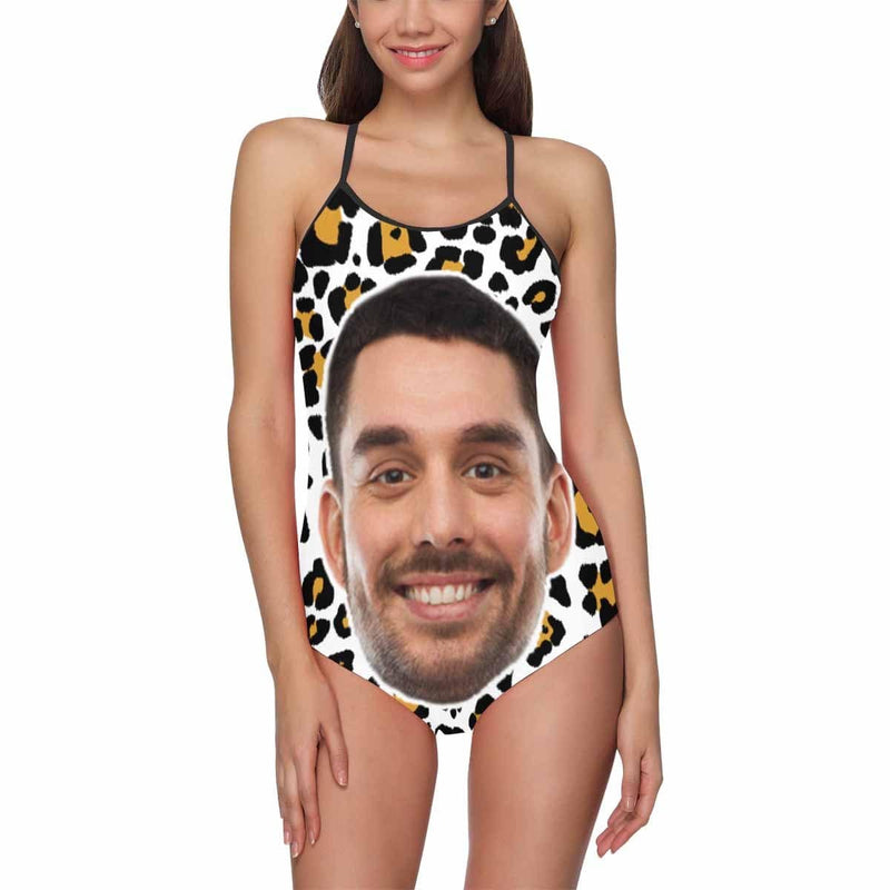 Custom Face Leopard Personalized Women's Slip One Piece Bathing Suit Honeymoons Party Swimsuits