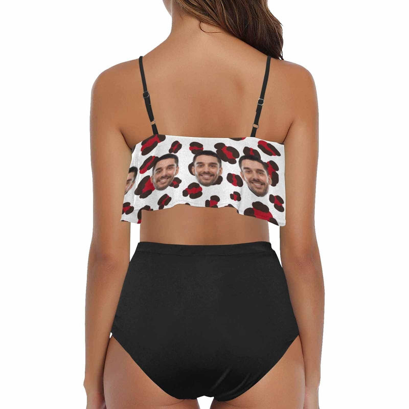 Custom Face Red Spotted Leopard Ruffle Bathing Suits Personalized Bikini Swimsuit Honeymoons For Her