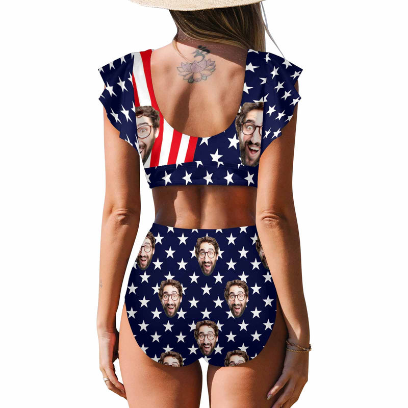 Custom Face Flag Bikini Personalized Flag Women's Ruffle Sleeve Bikini Swimsuit