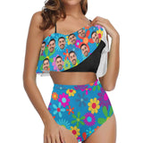 Custom Face Bikini Personalized Colorful Flowers Swimsuit Ruffle Bathing Suits Summer Vacation