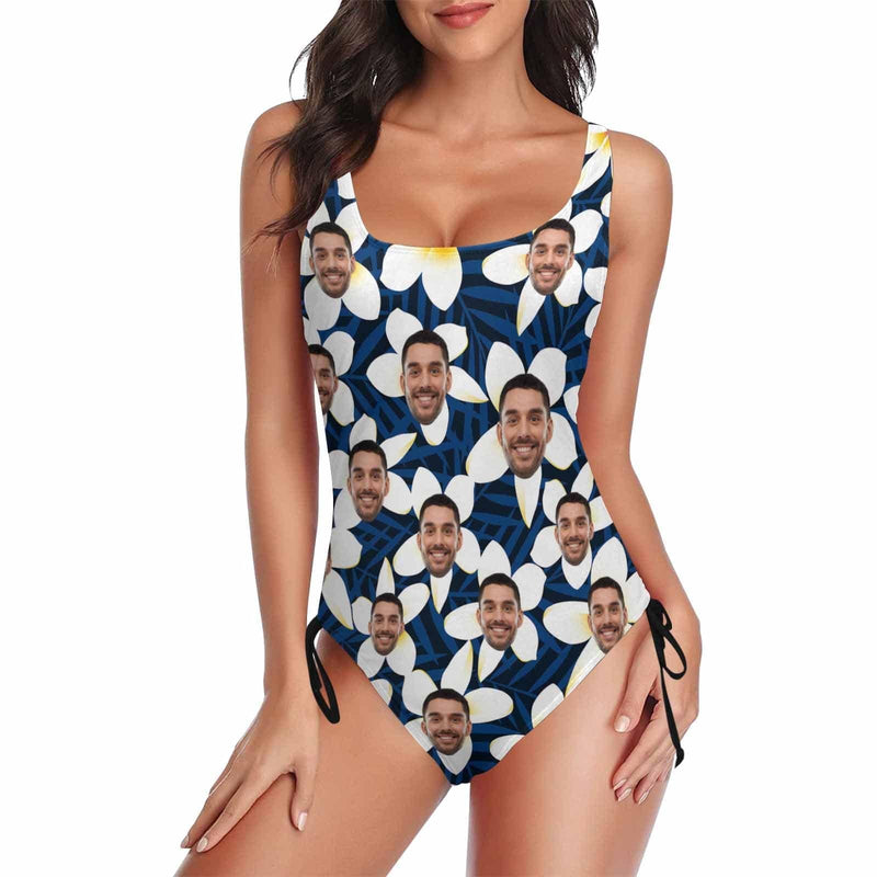 Custom Face White Flower Women's New Drawstring Side One Piece Swimsuits