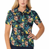 Custom Face Yellow Flowers Green Polo Shirt For Women, Personalized Photo Shirt, Customized Women's All Over Print Polo Shirt