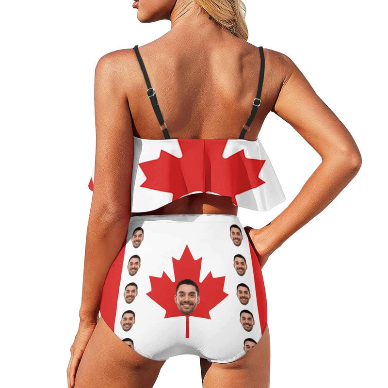 Custom Face Bikini Personalized Canadian Flag Swimsuit Ruffle Bathing Suits