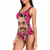 Custom Face Pink Leopard Zipper Swimsuit Personalized Women's Tank Top Bathing Swimsuit