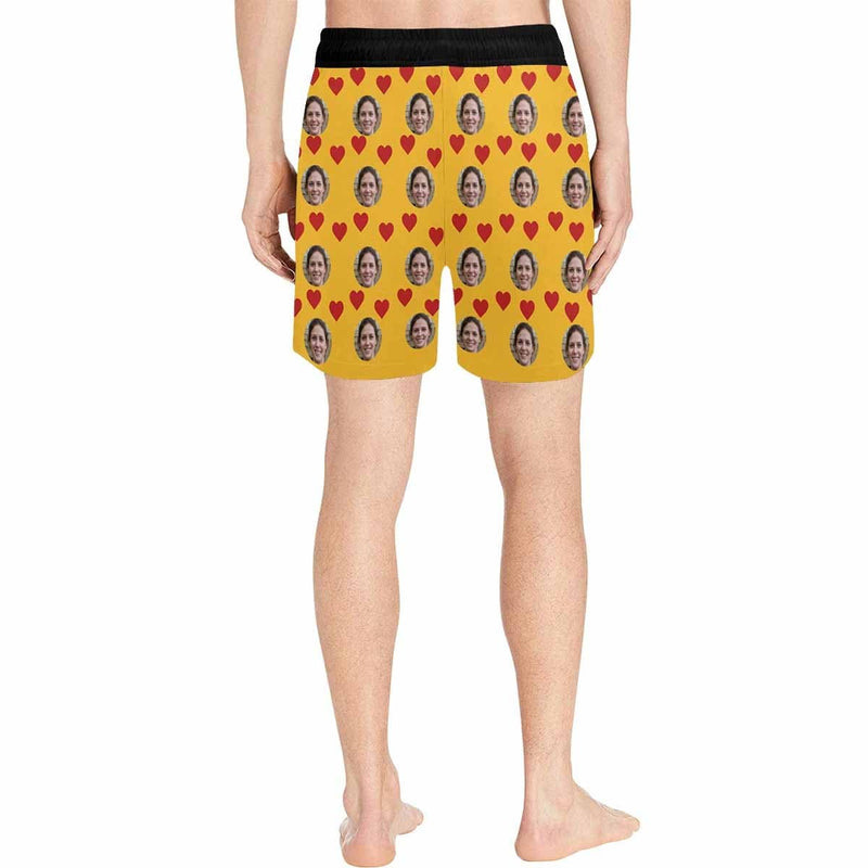 Custom Face Love Heart Yellow Men's Quick Dry Swim Shorts, Personalized Funny Swim Trunks
