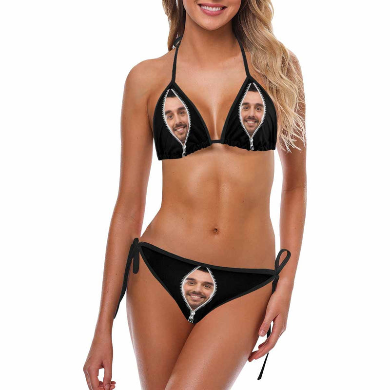 Custom Boyfriend Face Zipper Bikini Personalized Photo Women's Bikini Swimsuit Summer Gift