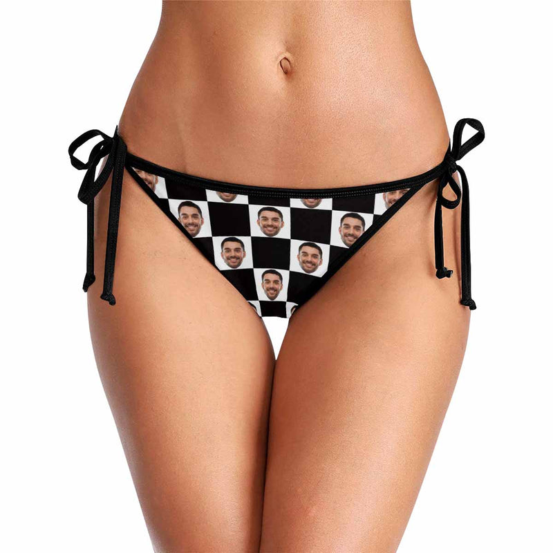 Custom Boyfriend Face Black White Lattice Personalized Bikini Swimsuit Bottom