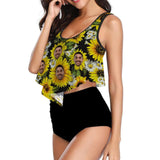 Custom Tankinis Face Sunflower Black Bikini Personalized Women's High Waisted Swimsuit Ruffled Top Bathing Suits