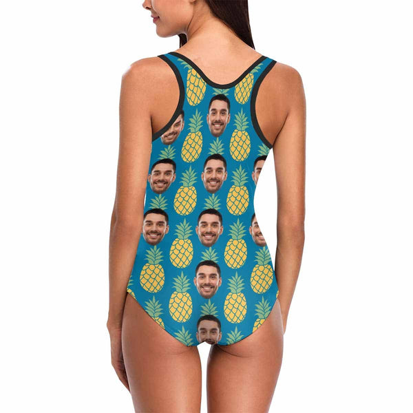 Custom Face Pineapple Blue Women's Tank Top Bathing Swimsuit