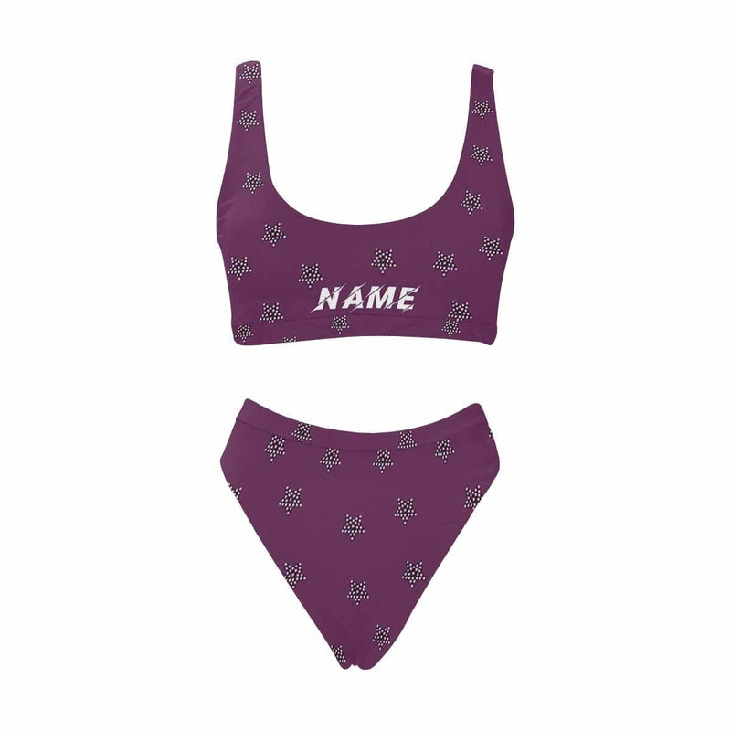 Custom Name Stars Purple Bikini Personalized Sport Top & High-Waisted Swimsuit Pool Party