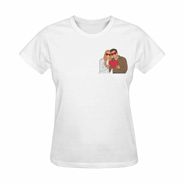 Custom Portrait Outline Shirt, Line Art Photo Shirt For Female, Custom Women's All Over Print T-shirt, Photo Outline Outfit For Couple White