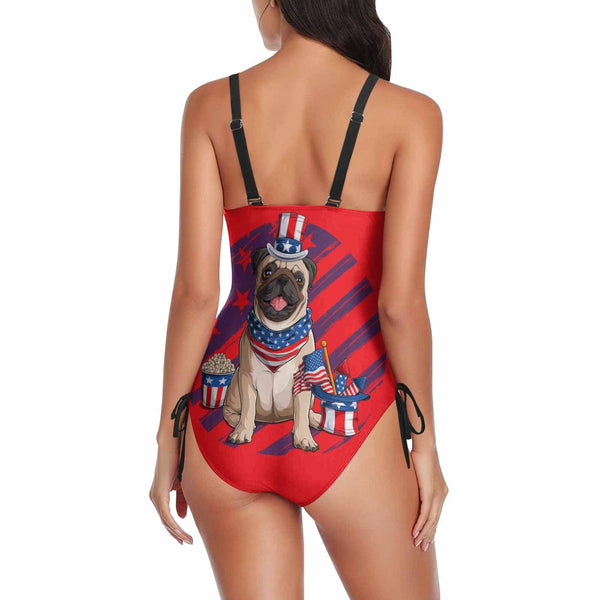 Custom Photo Swimsuit Pet Flag Hat Personalized Women's New Drawstring Side One Piece Bathing Suit Funny Gift Idea