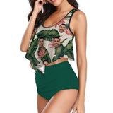 Custom Tankinis Face Bikini Green Leaves Red Flowers Personalized Women's High Waisted Swimsuit Ruffled Top Bathing Suits