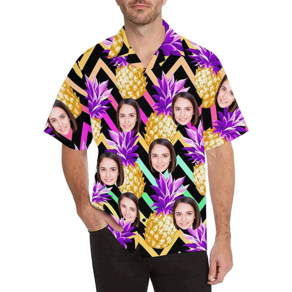 Hawaiian Shirts with Faces on Them Golden Pineapple for Boyfriend/Husband Personalized Photo Tropical Aloha Shirt