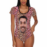 Custom Face Leopard Pink Women's Short Sleeve Bodysuit-Swimsuit-Bathing Suit