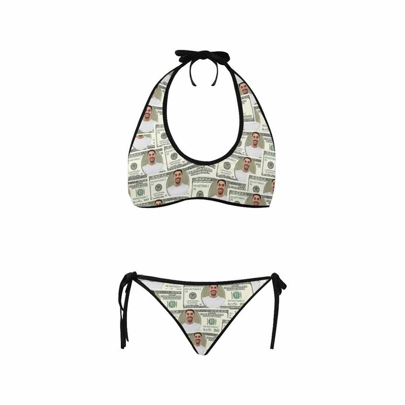 Custom Face Money Personalized Women's Strappy Halter Bikini Swimsuits Valentines Day For Her