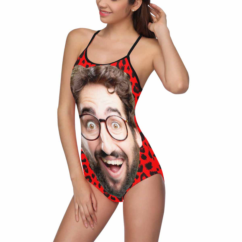 Custom Face Red Leopard Swimsuit Personalized Women's Slip One Piece Swimsuit