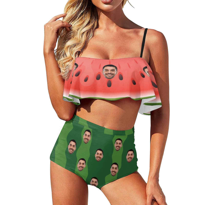 Custom Face Bikini Personalized Watermelon Green Stripes Swimsuit Ruffle Bathing Suits