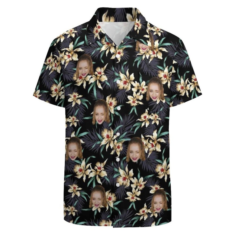 Custom Face Lily Flowers Casual Shirt Men Front Pocket Shortsleeve Beach Pocket Hawaiian Shirt Boyfriend Gift