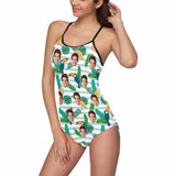 Custom Face Green Leaves And Orange Swimsuit Personalized Women's Slip One Piece Swimsuit