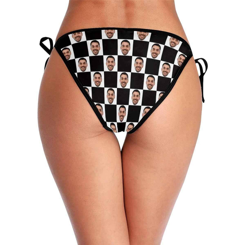 Custom Boyfriend Face Black White Lattice Personalized Bikini Swimsuit Bottom