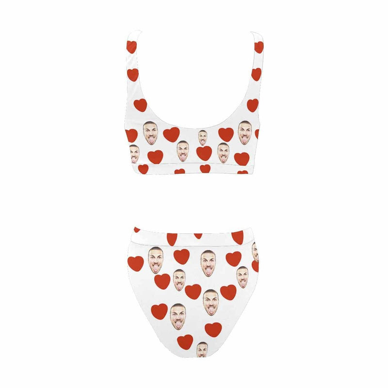 Custom Face Cartoon Heart Personalized Sport Top&High-Waisted Bikini Swimsuit Honeymoons For Her