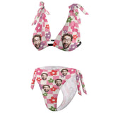 Custom Face Pink Women's Back Strap Bikini Personalized Flowers Face Swimsuit