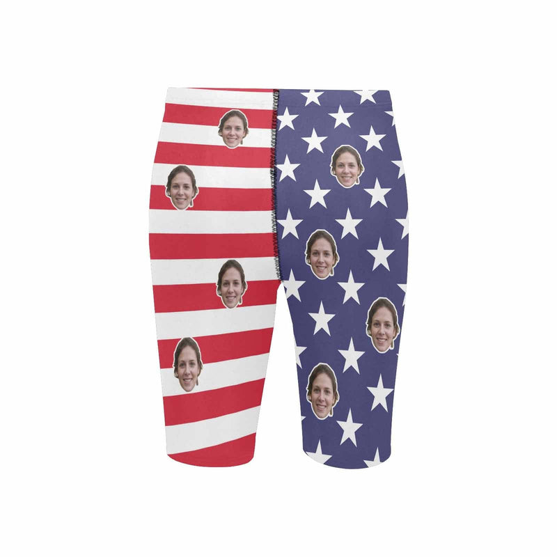 Custom Face American Flag Men's Skinny Stretch Knee Length Swim Trunks