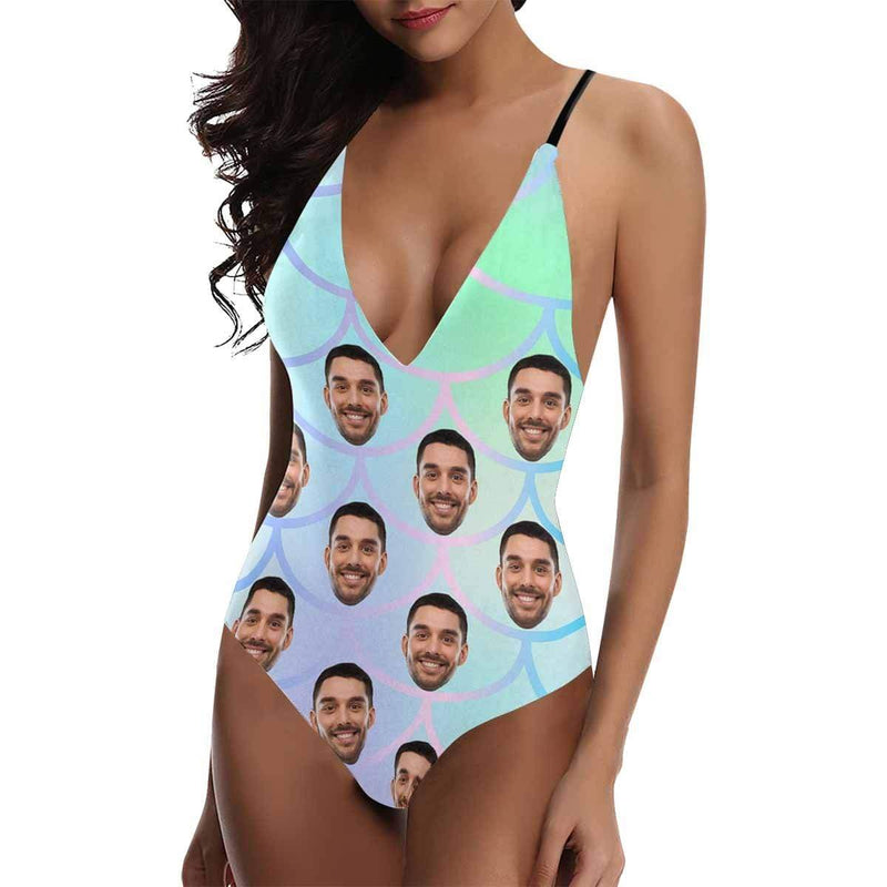 Custom Face Fish Scale Women's Lacing Backless One-Piece Swimsuit