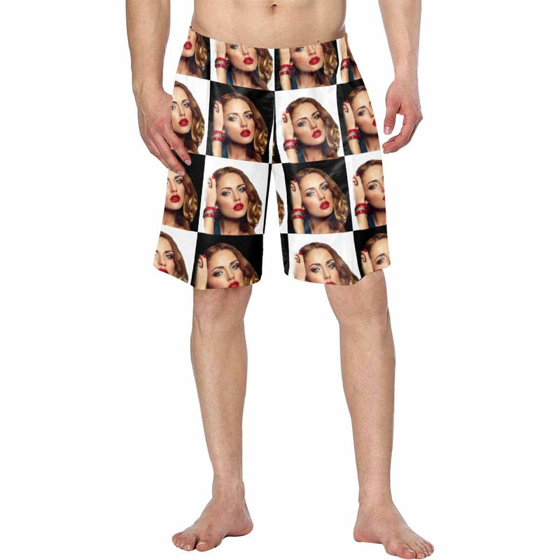 Custom Girlfriend Face Black & White Gird Men's Beach Shorts