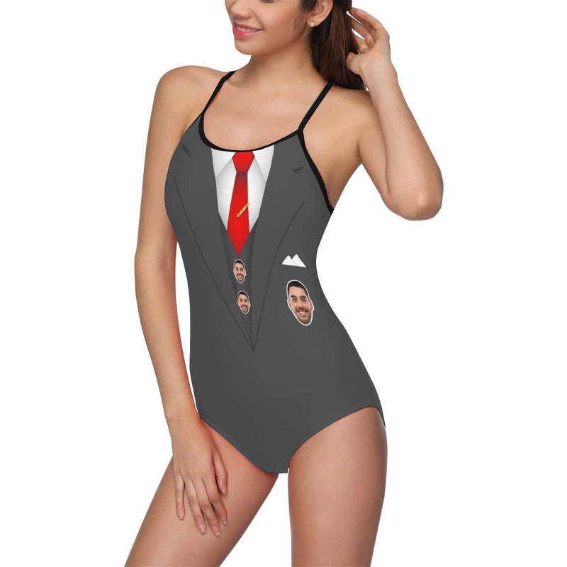 Custom Face Gray Suit Pattern Swimsuit Personalized Women's Slip One Piece Bathing Suit Birthday Party For Her