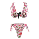 Custom Face Pink Women's Back Strap Bikini Personalized Flowers Face Swimsuit