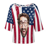 Custom Big Face Flag Women's T-shirt Personalized Loose Mid-sleeve Off-neck T-shirt