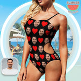 Custom Face Swimsuit Love Heart Black Personalized Women's Open Waist One Piece Bathing Suit Honeymoon For Her