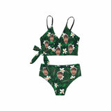 Custom Face White Flower Green Leaf Knot Side Bikini Swimsuit Women's Two Piece Swimsuit Personalized Bathing Suit Summer Beach Pool Outfits