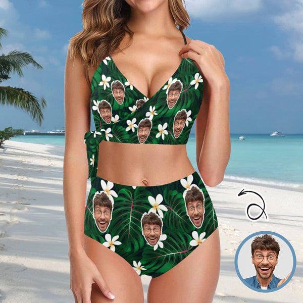 Custom Face White Flower Green Leaf Knot Side Women's Two Piece Bikini