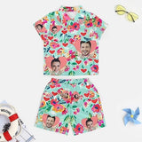 Family Hawaiian Dress Set Cruise Outfit Custom Face Floral Turquoise Hawaiian Shirt Set&Dress