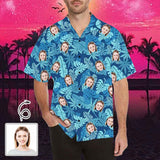 Custom Hawaiian Shirts with Face Blue Leaves Tropical Aloha Shirt Birthday Vacation Party Gift for Husband